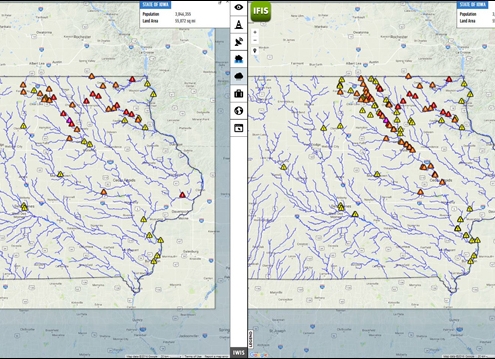 A screenshot of IFIS with flood alerts visible