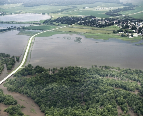 Aerial view of flooded rural Iowa town