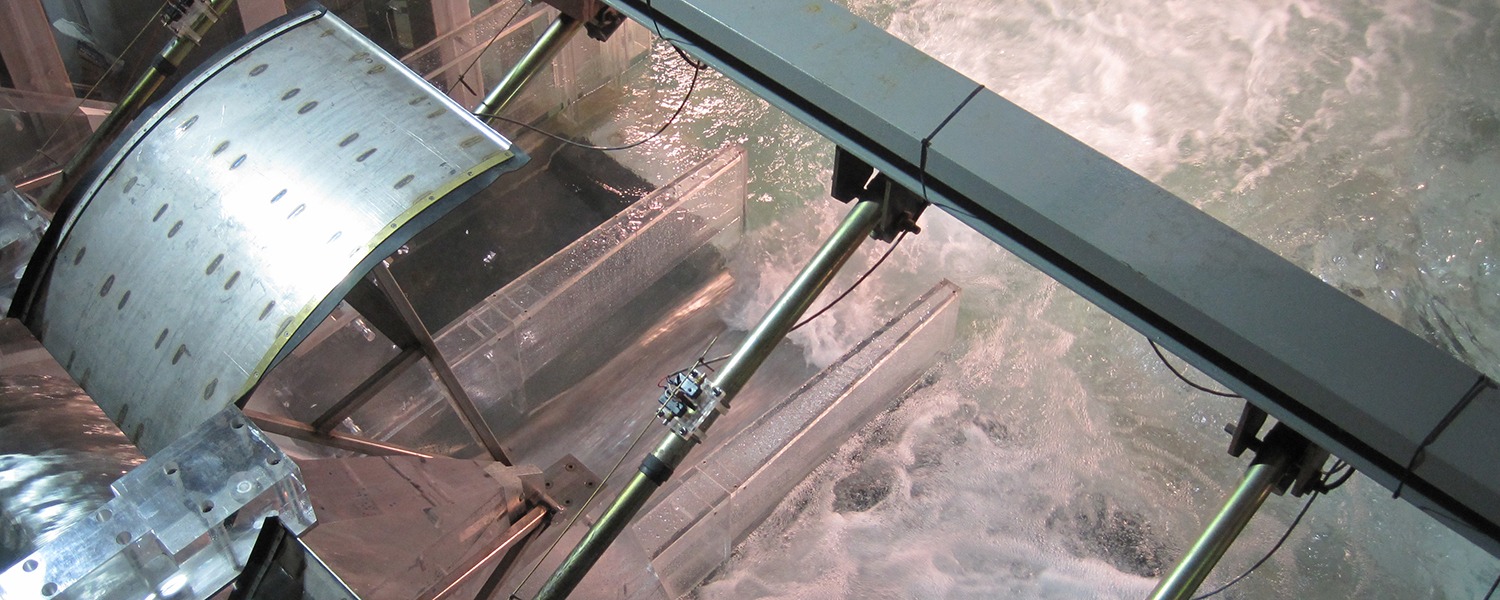 A closeup of water flowing through a hydraulic model